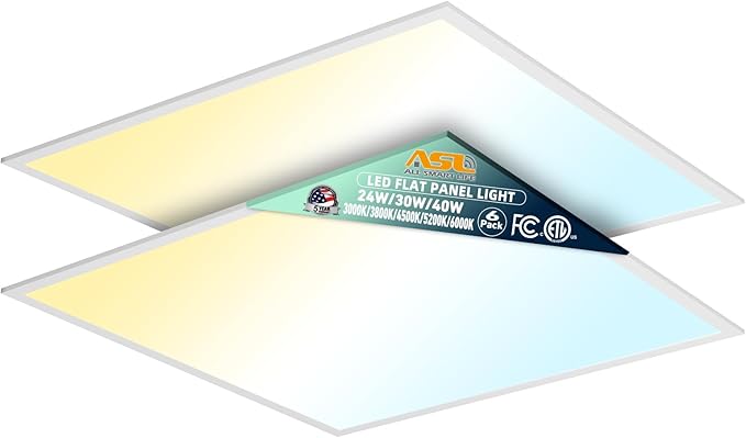Allsmartlife 2x2FT LED Flat Panel Troffer Light, 2-Pack 5CCT (3000K-3800K-4500K-5200K-6000K), Triac Dimmable, 2X2 Recessed Back-Lit Drop Ceiling Light Fixture