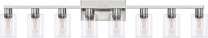 8 Light Bathroom Vanity Light Brushed Nickel Bathroom Light Fixtures 8-Light Vanity Lights for Bathrrom Lights Fixtures Over Mirror Large Wall Sconce with Clear Glass Shade