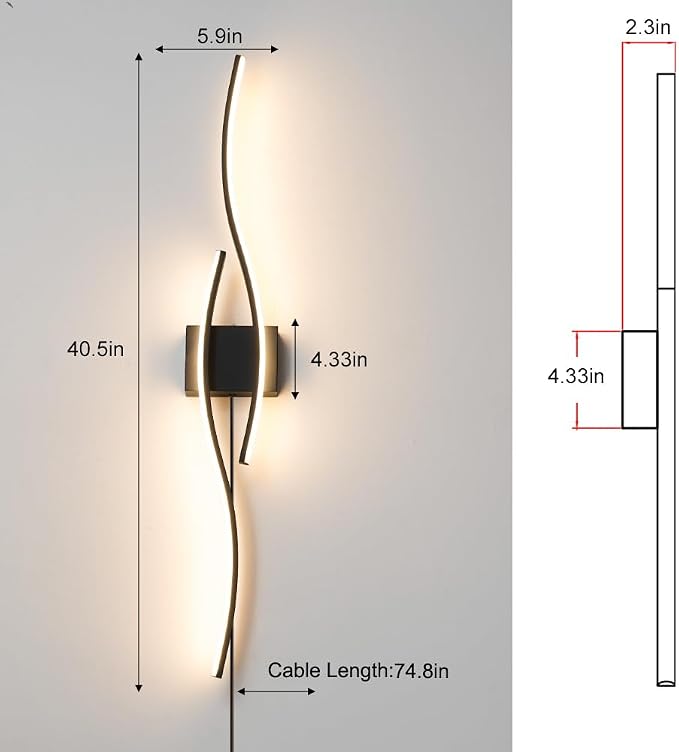 Daunton Modern Plug in Wall Sconces Set of Two, RC Dimmable LED Plug in Wall Light, Black Sconce Wall Lighting for Living Room, Hallway, Bedroom