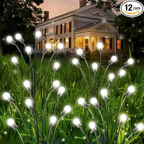 OZS 12 Pack Total 96 LED Solar Garden Lights Fairy Outdoor - Solar Firefly Lights Outdoor, Sway by Wind, Waterproof for Garden Patio Pathway Fairy Decoration (Cool White)