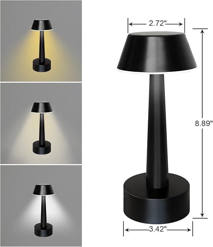 UMEXUS Cordless Small Table Lamps Rechargeable Battery Operated 3-Way Touch Dimmable Metal Portable Mini Lamp Bedside Night Light for Bar, Restaurant, Dinner, Outdoor, Home Decor Black