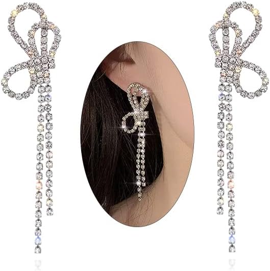 Luxval Rhinestone Earrings Dangling for Women Sparkly Silver Dangle Earrings Girls Long Chandelier Earrings Tassel Lightweight Ear Studs Cubic Zirconia Crystal Statement