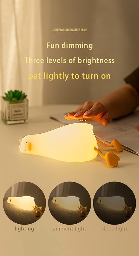 Lying Flat Duck Night Light with Timer, 3-Level Dimmable USB Rechargeable Bedside Lamp, Soothing Nursery Decor Gift for Kids, Boys, Girls, Teens
