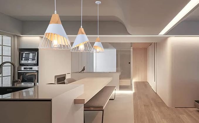 White Pendant Lights Kitchen Island,White Pendant Lights Farmhouse,Adjustable Wood Hanging Light Fixture,Industrial Pendant Lighting for Dining Room,Living Room,Bedroom,Hallway,Kitchen,Bar