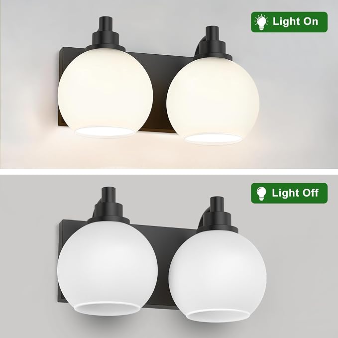 IZORRO Bathroom Light Fixtures, 2-Light Matte Black Vanity Light, Modern Wall Sconces with Globe Milk White Glass Shade, Vanity Lighting Fixtures Over Mirror,E26 Bulb Socket