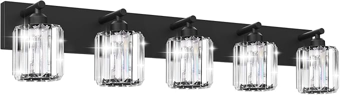 Black Crystal Bathroom Vanity Light, 5-Light Modern Bathroom Lighting Fixtures Over Mirror, Matte Black Wall Sconce Light Fixtures with Round Shade