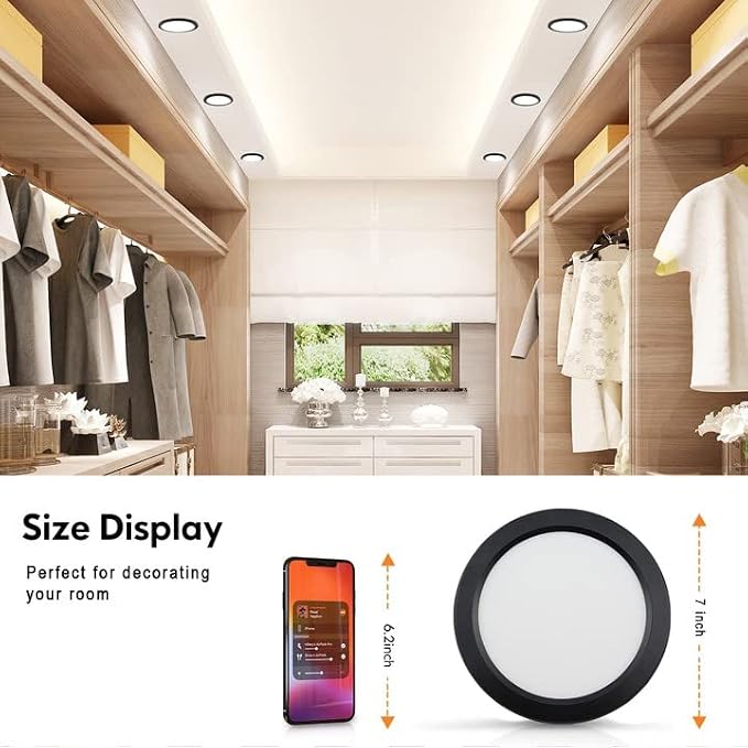 ETL 7 inch Small LED Flush Mount Ceiling Light Dimmable,5000K Daylight Ultra Slim Round Flat Panel Ceiling Light Fixture,Modern Ceiling Lamp for Closet,Kitchen,Bathroom 7inch-6 Pack(Black)