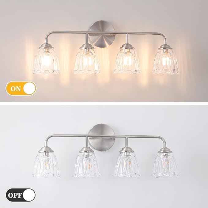 Vintage 4-Light Brushed Nickel Bathroom Light Fixtures, Elegant Bathroom Vanity Lights Over Mirror, Vanity Lighting with Clear Shade, Art Deco Wall Sconce Lighting for Bedroom