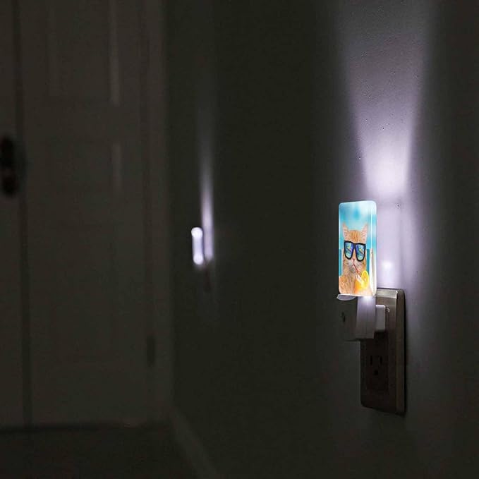 LED Night Light,Funny Cat Sunglasses Relaxing Vacation On Blue Sea LED Night Light Plug into Wall with Dusk to Dawn Light Sensor White Energy Efficient Nightlight for Bedroom Living Room Kitchen