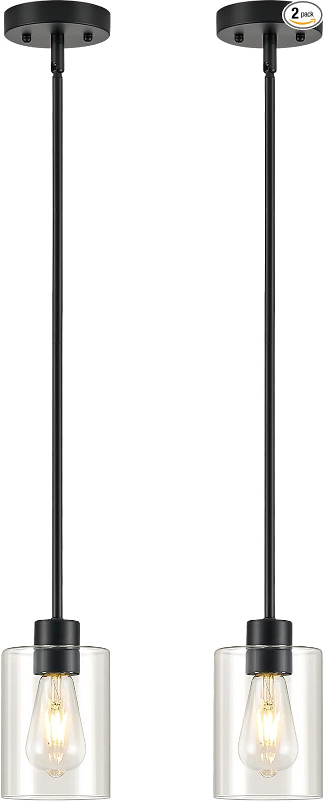 Modern Farmhouse Black Pendant Lights, Mini Hanging Light Fixture with Clear Glass Shade, Adjustable Rods for Kitchen Island, Sink, Bar (2 Pack)
