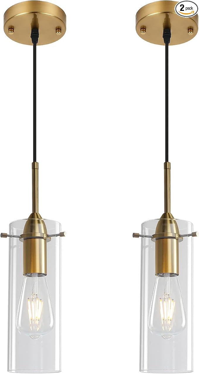 Gold Glass Pendant Lights, Island Pendant Lights for Kitchen, Blown Glass Pendant Light 2 Packs, Modern Kitchen Pendant Light, Hanging Pendant Lights for Kitchen Island, Dining Living Room