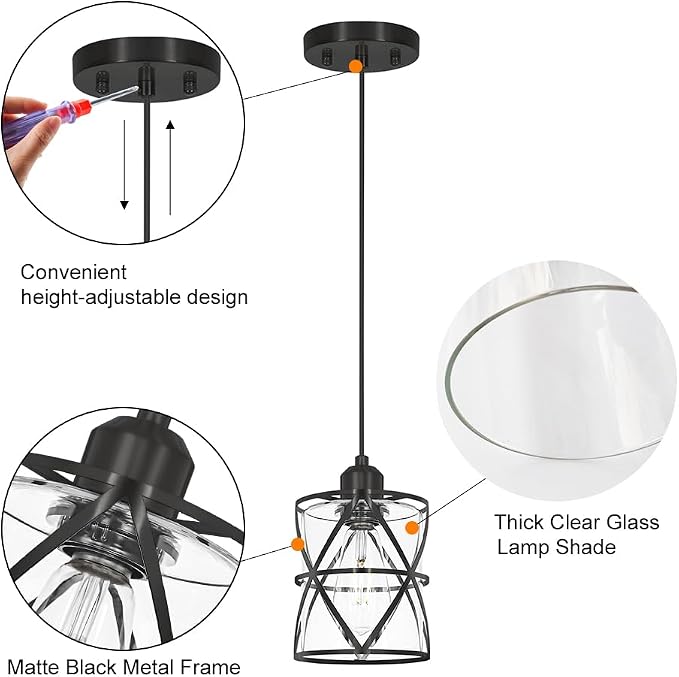 DSMJFU Black Glass Pendant Lights Kitchen Iskland Set of 2 for Bedroom Sink | Adjustable Height, E26 Base,Adaptable different ceilings,Dual Mount Ceiling & Hanging Fixtures,Dimmable,Farmhouse Industrial