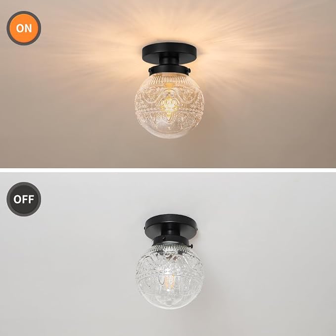 Daunton Semi Flush Mount Ceiling Light Fixtures, Vintage Globe Glass Ceiling Light Fixture, Antique Small Black Hallway Light Fixtures for Bedroom, Closet, Entryway, Bathroom, Kitchen