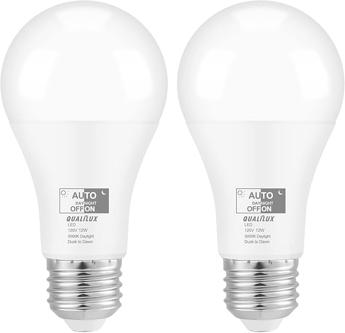 Dusk to Dawn Light Bulbs, Auto On/Off Light Sensing LED Bulbs Outdoor, Daylight, A19 2-Pack, 12W 1000LM 75W Equivalent, HQ-H023