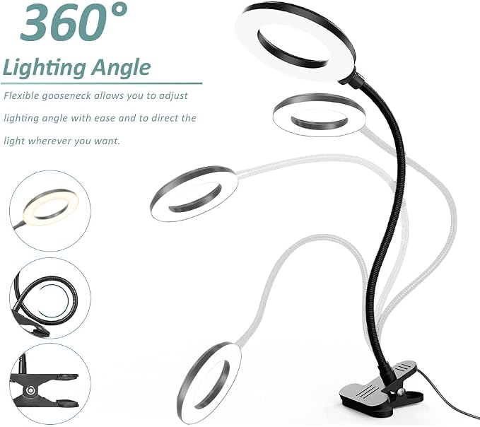LED Desk Lamp with Clamp, 3 Color Modes, 10 Brightness | Eye-Caring Reading Light, Flexible Gooseneck, USB Powered, Dimmable, Clip On Design