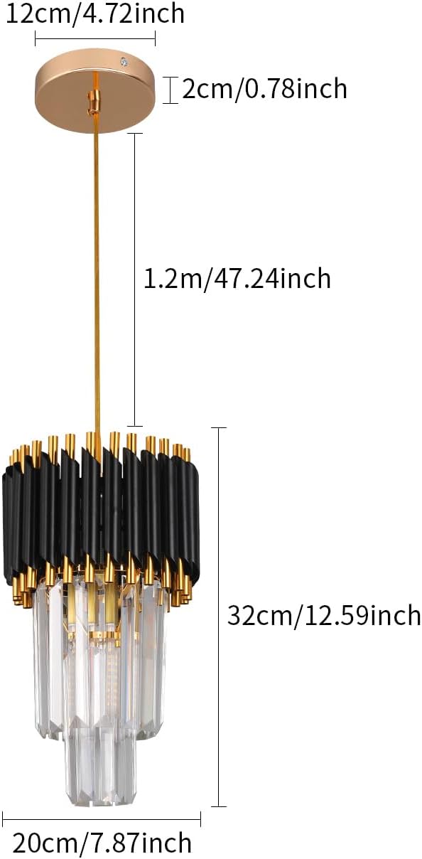 Crystal Chandelier Gold Pendant Light Fixtures Modern Crystal Pendant Light for Kitchen Island D7.5'' Black and Gold Chandelier for Dining Room Bedroom Living Room Hanging Light with a Bulb
