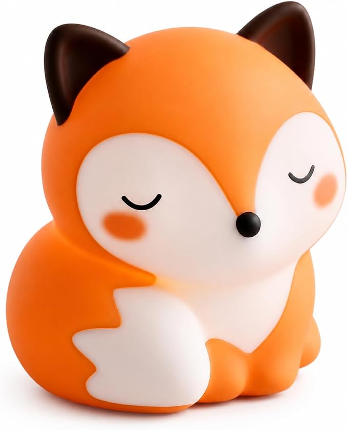 Fox Night Light Silicone Squishy Animal Lamp with 30 Min Auto Timer | 3 Level Dimmable Bedside Nightlight with Tap Control Office Desk Ambient Lamp Unique White Elephant Gifts