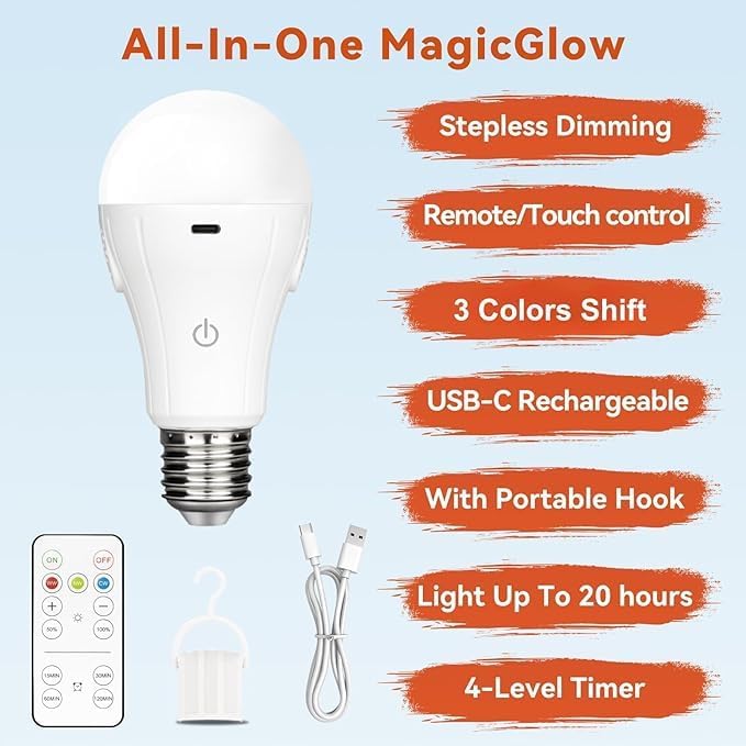 Neporal MagicGlow Rechargeable Light Bulbs with Remote, 3 Colors Shift + Stepless Dimmable Battery Powered LED Bulbs, USB Rechargeable, A19 Emergency LED Light Bulbs, 15W, Up to 24 Hours