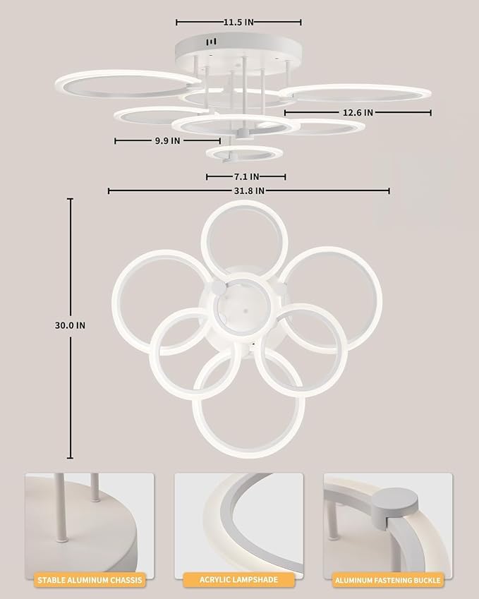 Smart LED Ceiling Light, 7-Ring Modern Flush Mount Fixture, 130W Dimmable 3000K–6500K, WiFi Alexa & App Control, White Ceiling Light for Living Room Bedroom Kitchen (31.8")