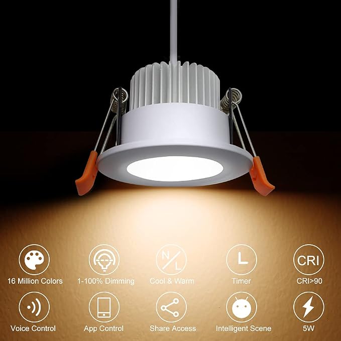 Smart 2 Inch LED Recessed Lighting RGB WiFi Downlight, 5W Compatible with Alexa and Google Home, Dimmable RGB & CCT 2700-6500K Color Changing, 120V Ceiling Light with LED Driver (4 Pack)