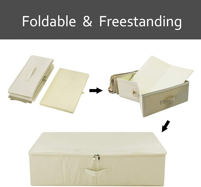 Folding Underbed Shoes Clothes Storage Organizer Basket with Zip Lid,Beige | Underbed Clothes Organizer Basket, Garment Storage Boxes, folding washable rigid sturdy storage bins for clothing shoes duvet