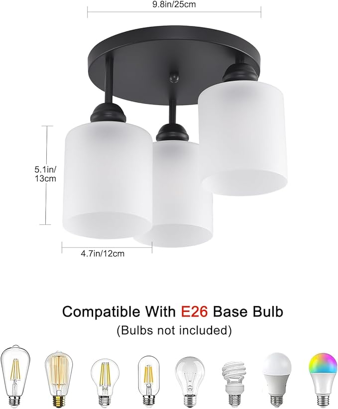 Semi Flush Mount Ceiling Light with Clear Glass Shades,3-Lights Industrial Semi Flush Mount Ceiling Light, 3-Light Industrial Black Light Fixtures Ceiling Mount for Kitchen Living Room Foyer