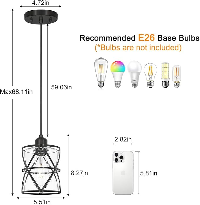 DSMJFU Black Glass Pendant Lights Kitchen Iskland Set of 2 for Bedroom Sink | Adjustable Height, E26 Base,Adaptable different ceilings,Dual Mount Ceiling & Hanging Fixtures,Dimmable,Farmhouse Industrial