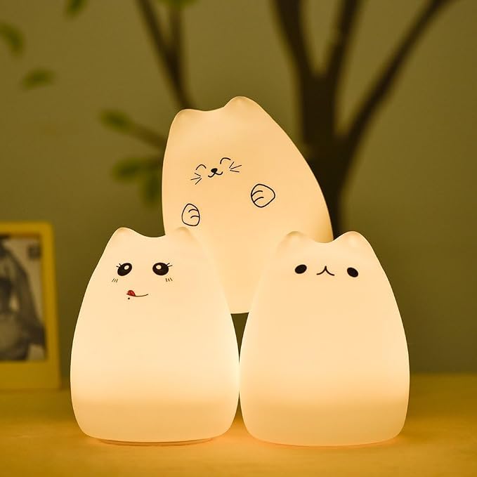 Cat Night Light, USB Rechargeable Silicone Cute Night Light for Kids Baby Children, 7-Color Changing LED Cat Lamp Nursery Nightlights Christmas Gifts for Kids Bedroom (Celebrity Cat)
