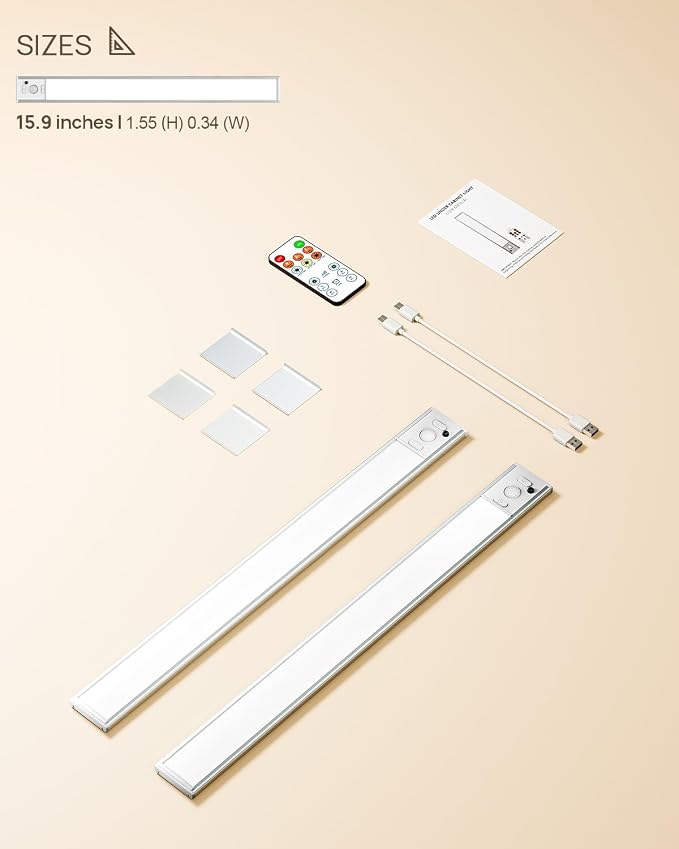 16inch Under Cabinet Lights, LED Motion Sensor Light Indoor, 4000mAh Rechargeable Closet Light with Remote, 3 Color Temps Magnetic Wireless Under Counter Lights for Kitchen, Stair, Pantry, 2 Pack