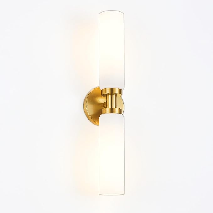 Lanhall 2 Light Brushed Brass Gold Bathroom Light Fixture Over Mirror, Modern Farmhouse Bathroom Vanity Lights with Milky White Frosted Glass Shade, Wall Sconce for Hallway Cabinet Bedroom Porch