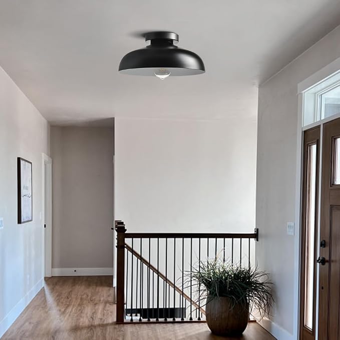 DIRYZON Flush Mount Ceiling Light, 12-Inch Industrial Black Ceiling Light | Ceiling Light with Metal Shade Lighting for Bedroom Hallway Kitchen Entryway