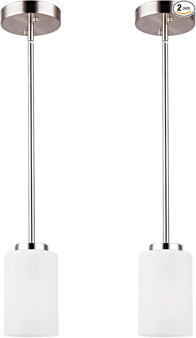 2 Pack Pendant Light Fixtures, Adjustable Brushed Nickel Hanging Ceiling Lights with White Frosted Glass Shades, House Indoor Light for Kitchen Island Bedroom