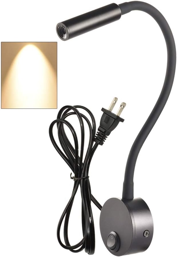 Black Reading Lamps, 25° Focused Beam 3000K Warm White LED Wall Mounted Study Reading Light for Bed Headboard, Flexible Lamp, 4.92ft Plug-in Cord, AC 85-265V