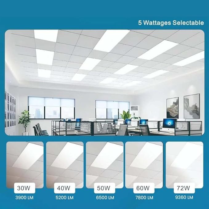 10 Pack 2x4 LED Flat Panel Light for Drop Ceiling, 9360lm Selectable 30W/40W/50W/60W/72W, Color Temperature 3000K/3500K/4000K/5000K/6500K, 0-10V Dimmable, 120-277V, ETL