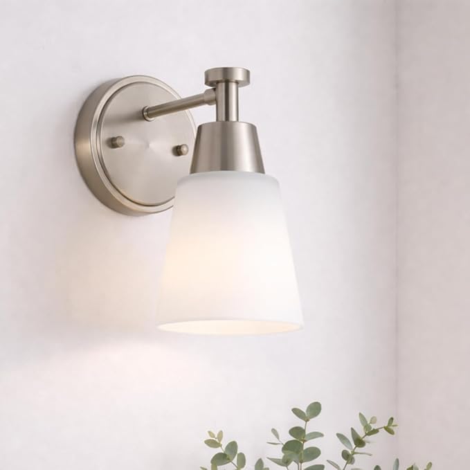 1-Light Bathroom Vanity Light, Brushed Nickel Finish Wall Sconce with Milk Glass, Over Mirror, for Bathroom Vanity