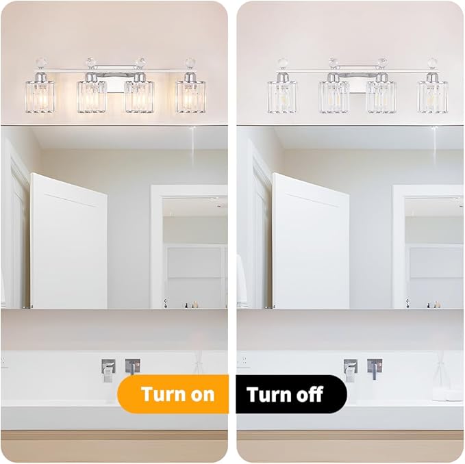 Bathroom Vanity Lights Over Mirror - Easy Installation with Clear Guide, 4-Light Shadow-Free Design, Chrome Crystal Finish - for Modern Home Bathroom Lighting Fixtures in DIY Projects