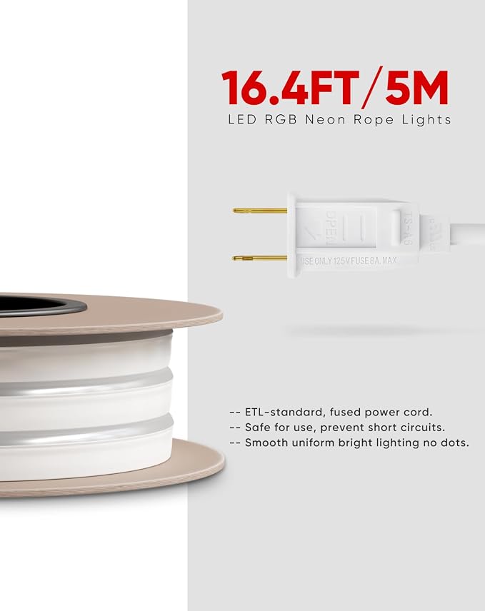 LED RGB Neon Rope Lights AC 120V, Expandable & Cuttable Bright Strip Lighting with Remote, Dimmable Color Changing, ETL Cold-Resistant & IP65 Waterproof for in&Outdoor, 10x20mm, 16.4FT