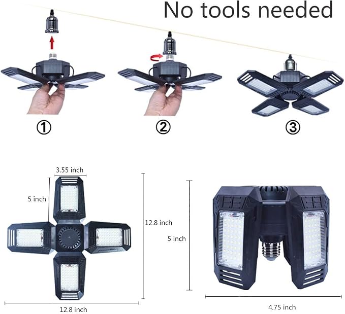 Deformable LED Garage Lights - 12000 Lumen 6500K Daylight 120W, Four Leaf Garage Organization Ceiling Lighting, Pack of 2