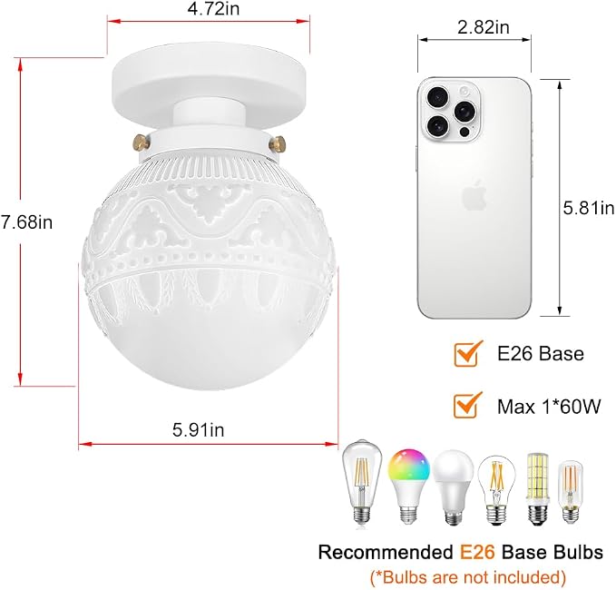 Semi Flush Mount Ceiling Light, White Hallway Light Fixture, Vintage Ceiling Lighting Fixture with Milky Glass, Globe Glass Close to Ceiling Light, Indoor Hanging Lighting for Bedroom Kitchen Porch