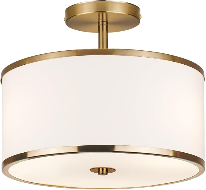 CALOKES Luxury Semi Flush Mount Ceiling Light, 3-Light Drum Lamp with Gold Brass Finish and Fabric Shade, Ideal for Bedroom, Kitchen, Dining Room, Hallway, Entryway, and Foyer, 12.6"