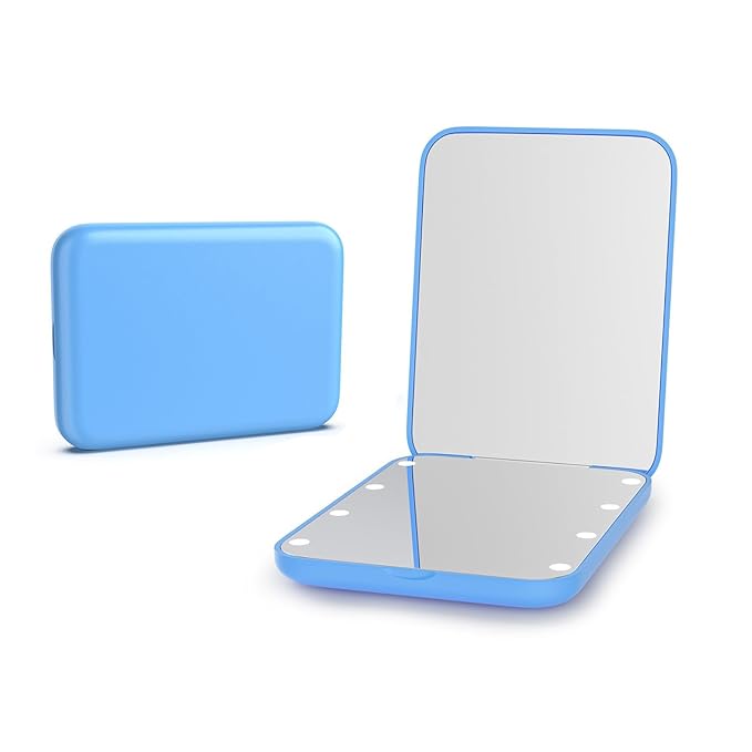 Kintion Pocket Mirror, 1X/3X Magnification LED Compact Travel Makeup Mirror with Light for Purse, 2-Sided, Portable, Folding, Handheld, Small Lighted Mirror for Gift, Blue