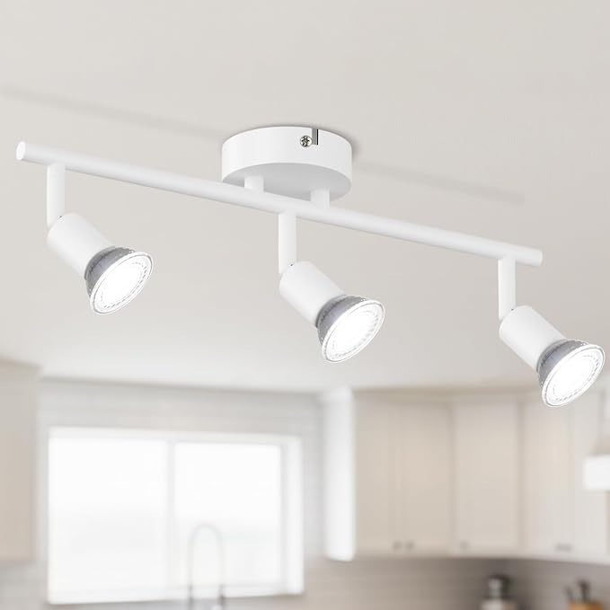 LVWIT 3-Light Track Lighting Fixtures Ceiling with Flexibly Rotatable Head, Modern White Track Lighting Kit, Ceiling Spotlights for Kitchen, Living Room, Bedroom (GU10 Socket, Bulbs Not Included)