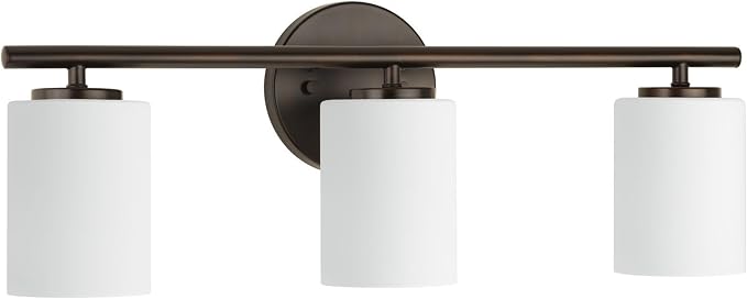 Progress Lighting Replay Collection 3 Light Bathroom Vanity Light, Modern Bath Lighting Fixture with Etched White Glass Shades for Over the Mirror, Reversible Mounting, Antique Bronze
