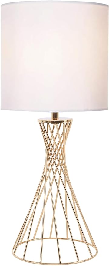 Gold Table Lamp, Small Cute Gold Desk Lamp, Nightstand Lamp, Modern Bedside Lamp with White Fabric Shade, Metal Geometric Hollow Out Base Lamps for Living Room Bedrooms Kids Room