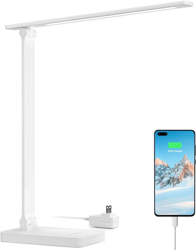 Lepro LED Desk Lamp with USB Charging Port for Dorm Room, 700LM 9.5W, White | Dimmable Table Lamp, 5 Colors 5 Brightness, Eye Caring Task Light for Home Office, Sewing, Crafting, Reading, Nail, Drafts