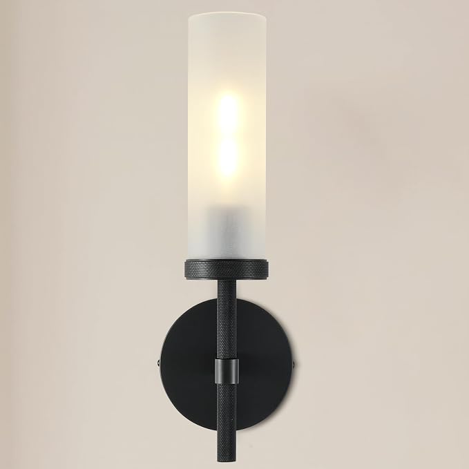 15" Hardwired Frosted Glass Bathroom Wall Sconces, Handmade Knurled Black Wall Light Fixture,Modern Vanity Lights, for Living Room,Hallway, Bedroom,Mirror, Indoor Sconces