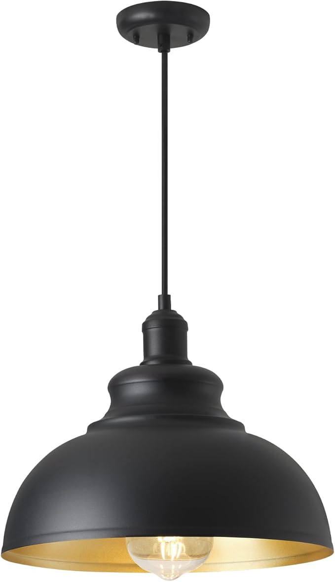 15 1/2in Large Dome Barn Pendant Light for Farmhouse, Black Ceiling Mounted Lighting with Brass Interior for Kitchen, Indoor and Outdoor Hanging Light Fixture with Ajustable Cord