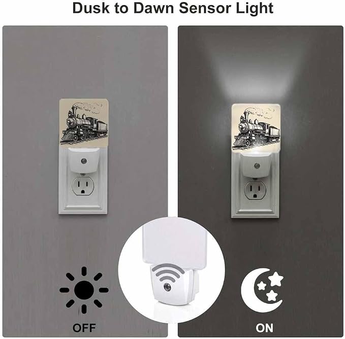 Train Night Light Plug-into Wall Retro Sketch Nightlight Lamp with Dusk to Dawn Sensor, Led Lamp 0.5W Energy Efficient for Home Decor