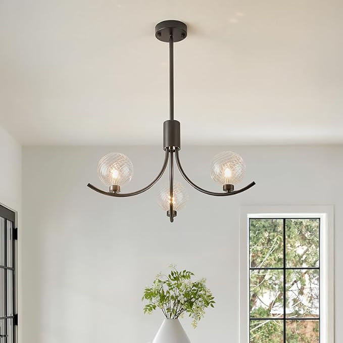 3-Head Black Modern Chandelier with 3 Clear Glass Globe Bulbs, Chandelier, Elegant Lamps with Black Accents, Ceiling Light for Living Room Kitchen Island Bedroom Entryway