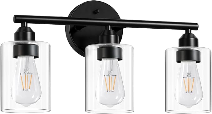 3-Light Black Modern Bathroom Vanity Light Fixtures, 17.3" | Glass Shade, For Bathroom Mirror, Kitchen, Living Room, Bath, Metal